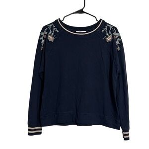 Rose + Olive Floral Embroidered Navy Blue Knit Sweater Crew Neck Nice Sweater M